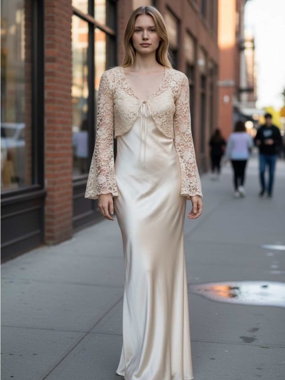 NWT Champagne Satin Lace 2-Piece Formal  Set |Lace Bolero Slip Dress Prom Gala